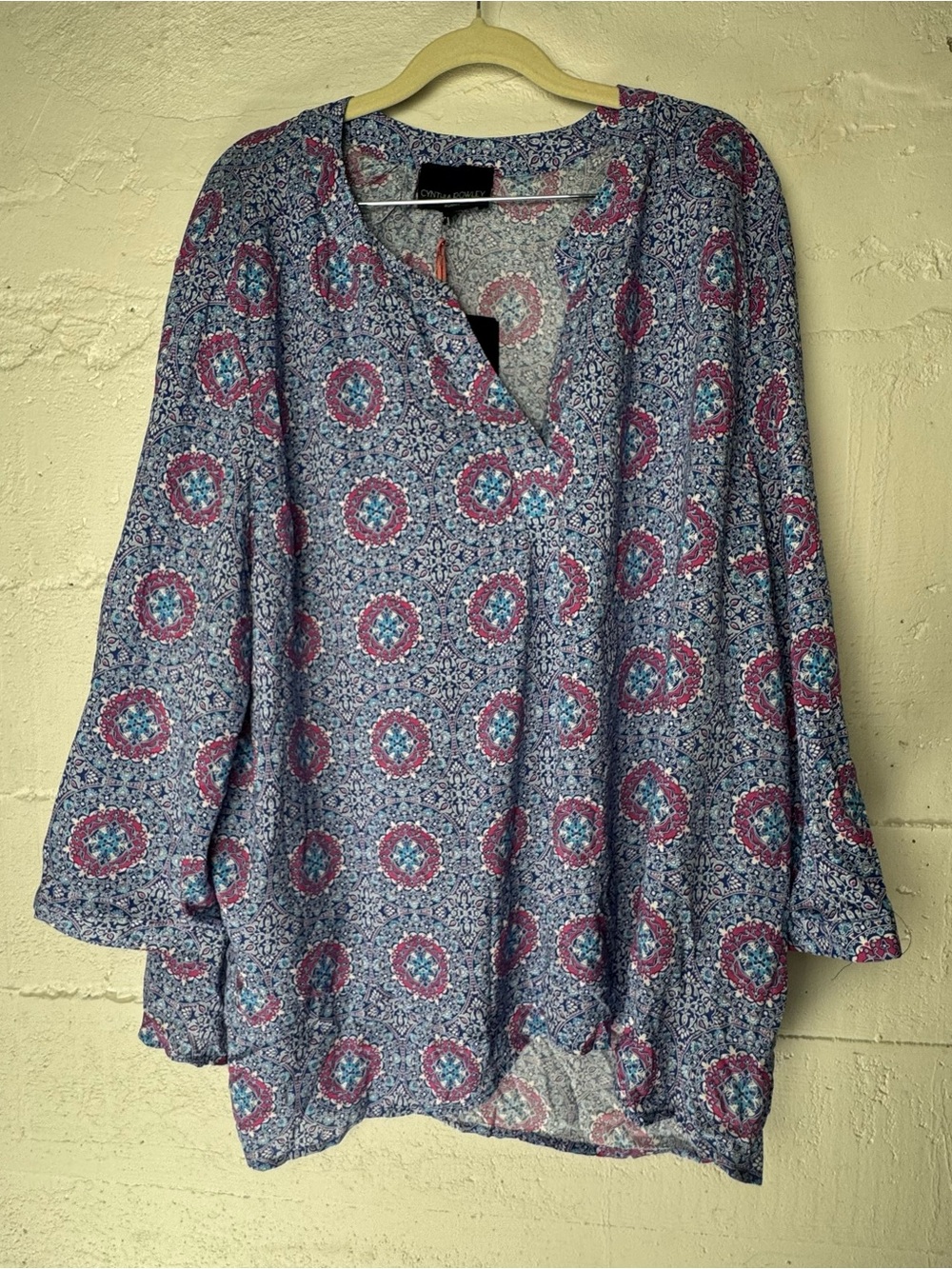 Cynthia Rowley blue printed Henley 3/4 sleeve Relaxed rayon‎ Blouse size 3X NWT